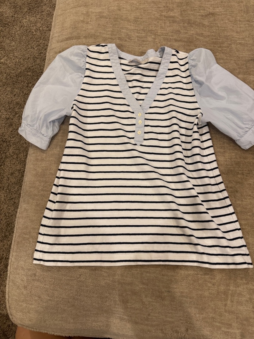 LOFT White and Navy Striped V-Neck Top with Light Blue Puff Sleeves